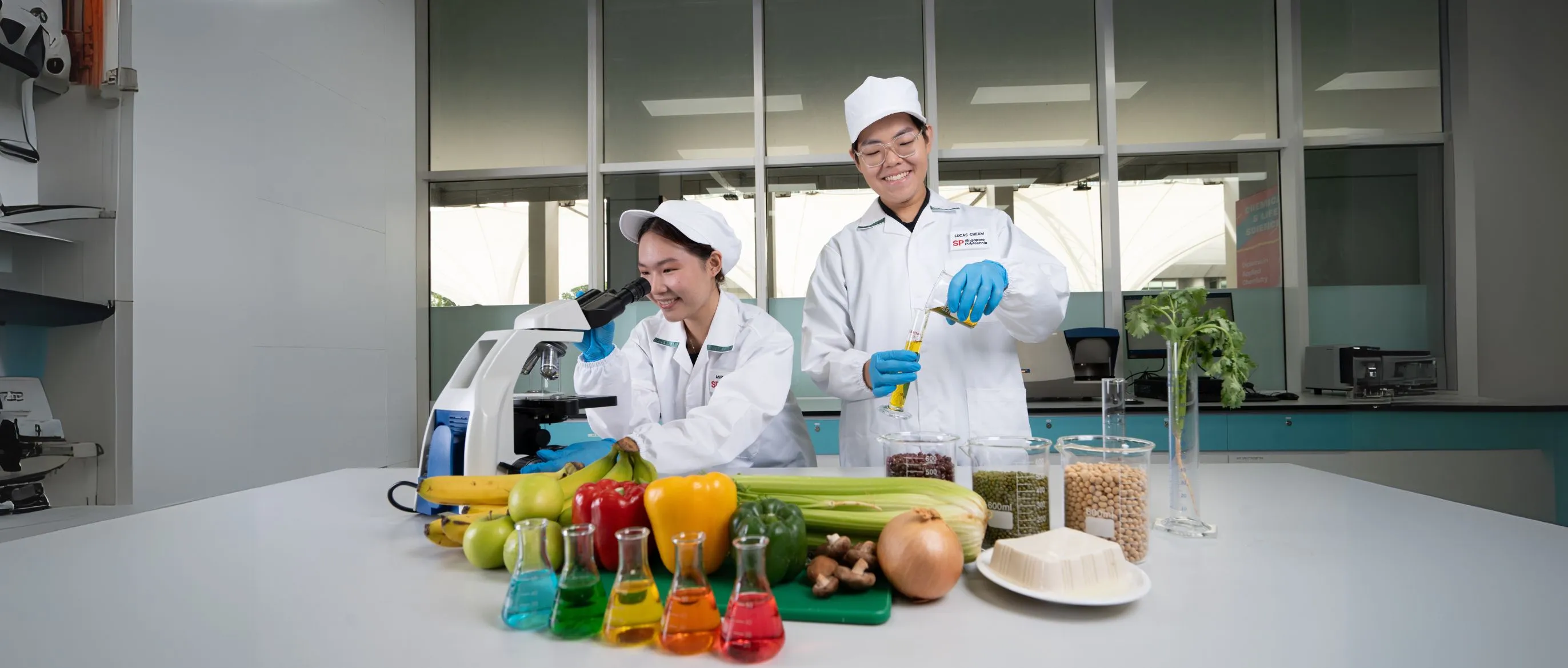 students in lab with food